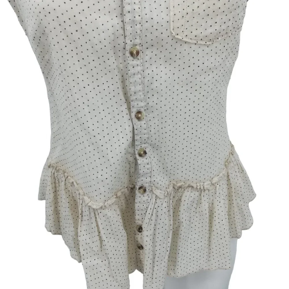 Free People Polka Dot Short Sleeve Ruffle Button Front Shirt Size XS Crochet